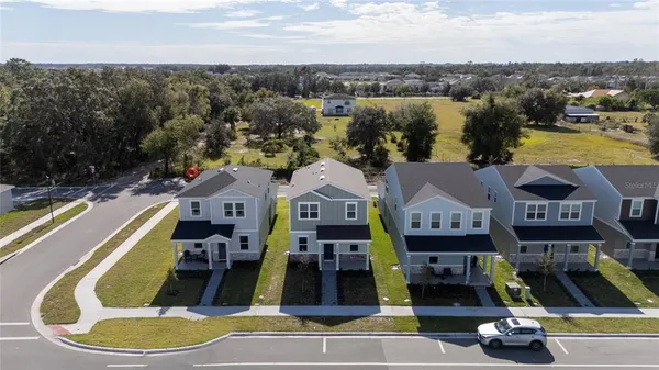 an aerial view of residential houses with outdoor space