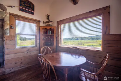 a view of a dining room with furniture window and outside view