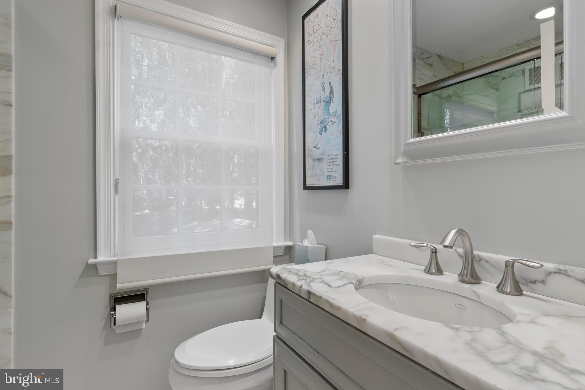 931 Hollow Road Wayne, PA 19087 - Photo 29 of 41 a bathroom with a granite countertop sink toilet a mirror and shower