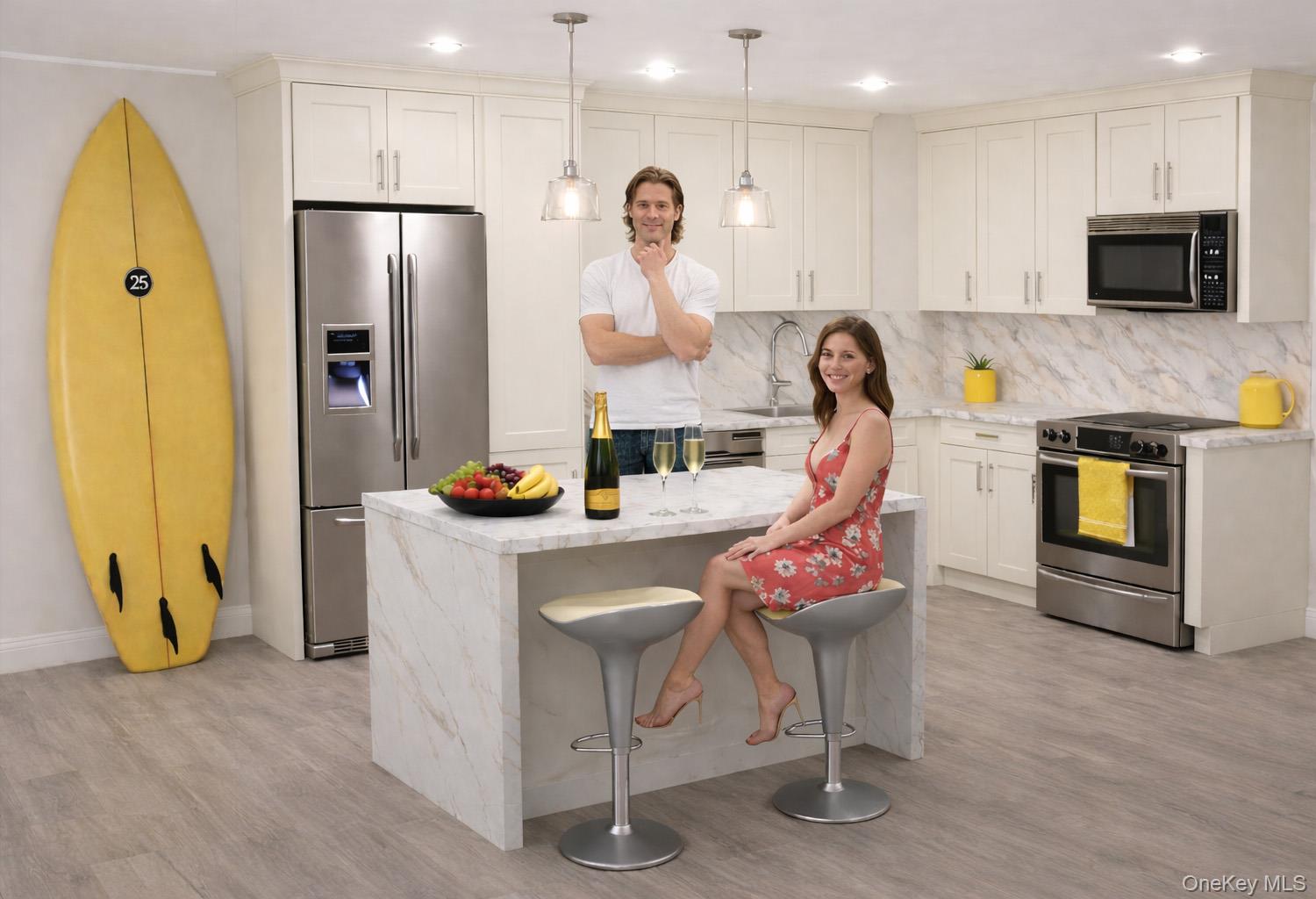 360 Shore Road, Unit 9C Long Beach, NY 11561 - Photo 8 of 14 New Kitchen Digital Rendering based on the design plans. The people in this photo are digitally created. The real photos will be available in May after the construction if finished.