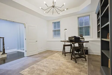 a workspace with chandelier