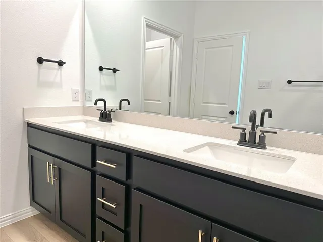 a bathroom with a granite countertop sink shower and a mirror