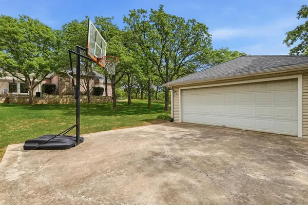 a backyard of a house with plants and large tree
