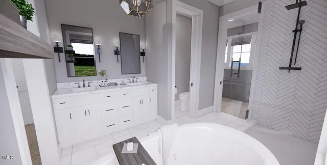 a bathroom with a tub a sink and a window