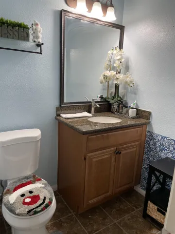 a bathroom with a sink a toilet and mirror