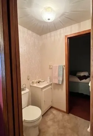 a bathroom with a toilet a sink and a mirror