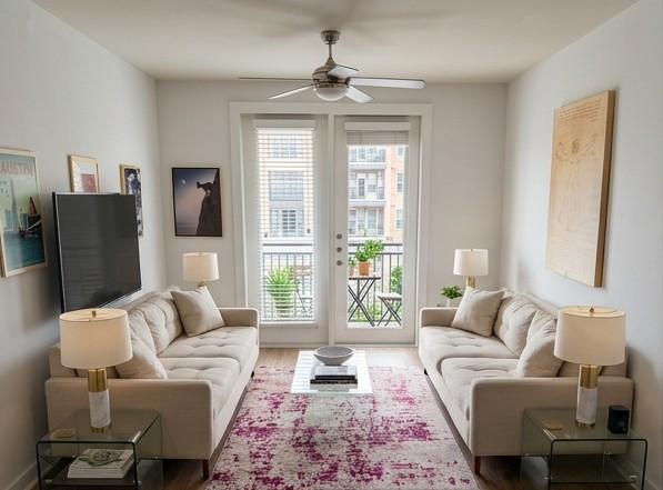 1900 Barton Springs Road, Unit 3036 Austin, TX 78704 - Photo 1 of 19 A living area with light wood flooring offers direct balcony access through a glass door.