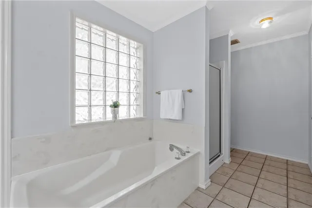a bathroom with a bathtub and shower