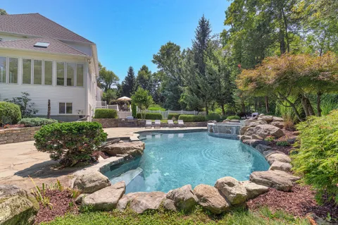 a view of a swimming pool with lawn chairs and plants