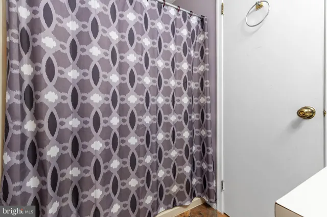 a bathroom with a shower curtain