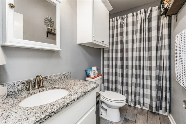 a bathroom with a granite countertop toilet sink and mirror