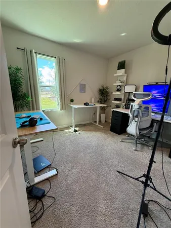 a living room with furniture and a lamp