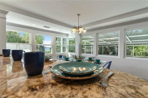 a view of a dining room with furniture window and outside view