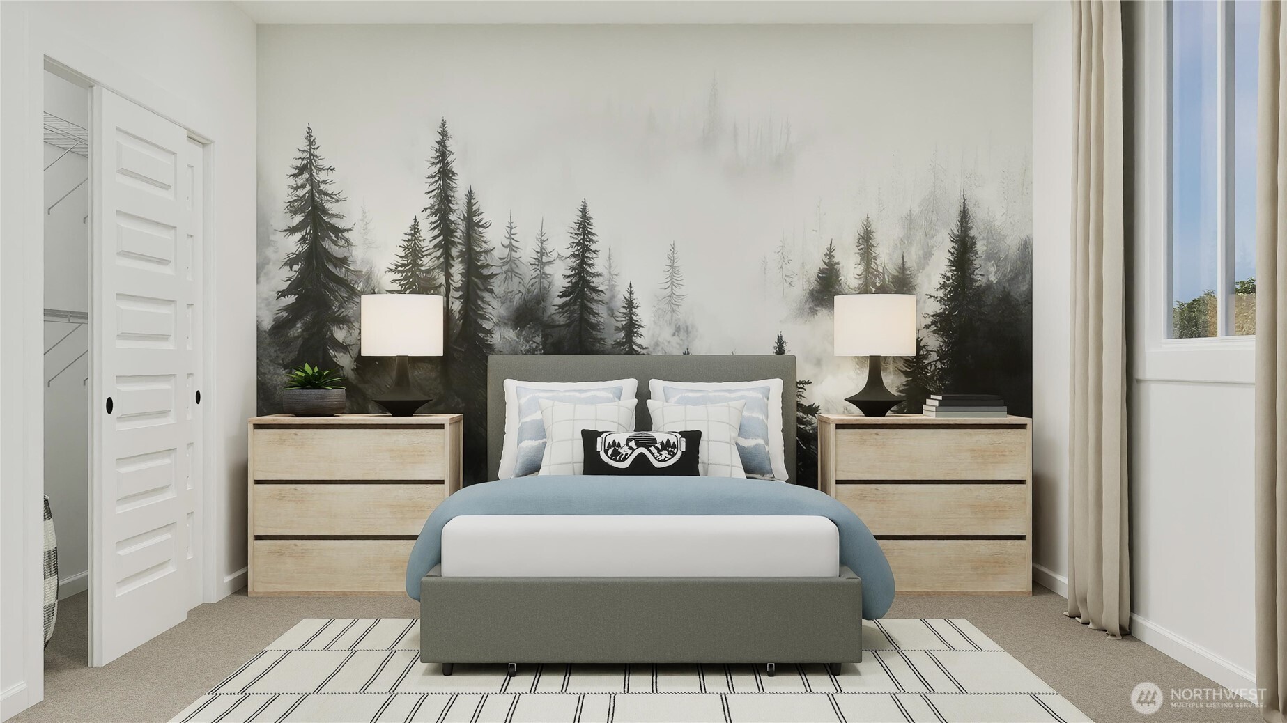 970 Folgate Drive Sequim, WA 98382 - Photo 18 of 21 a bedroom with a bed a mirror and lamp on dresser