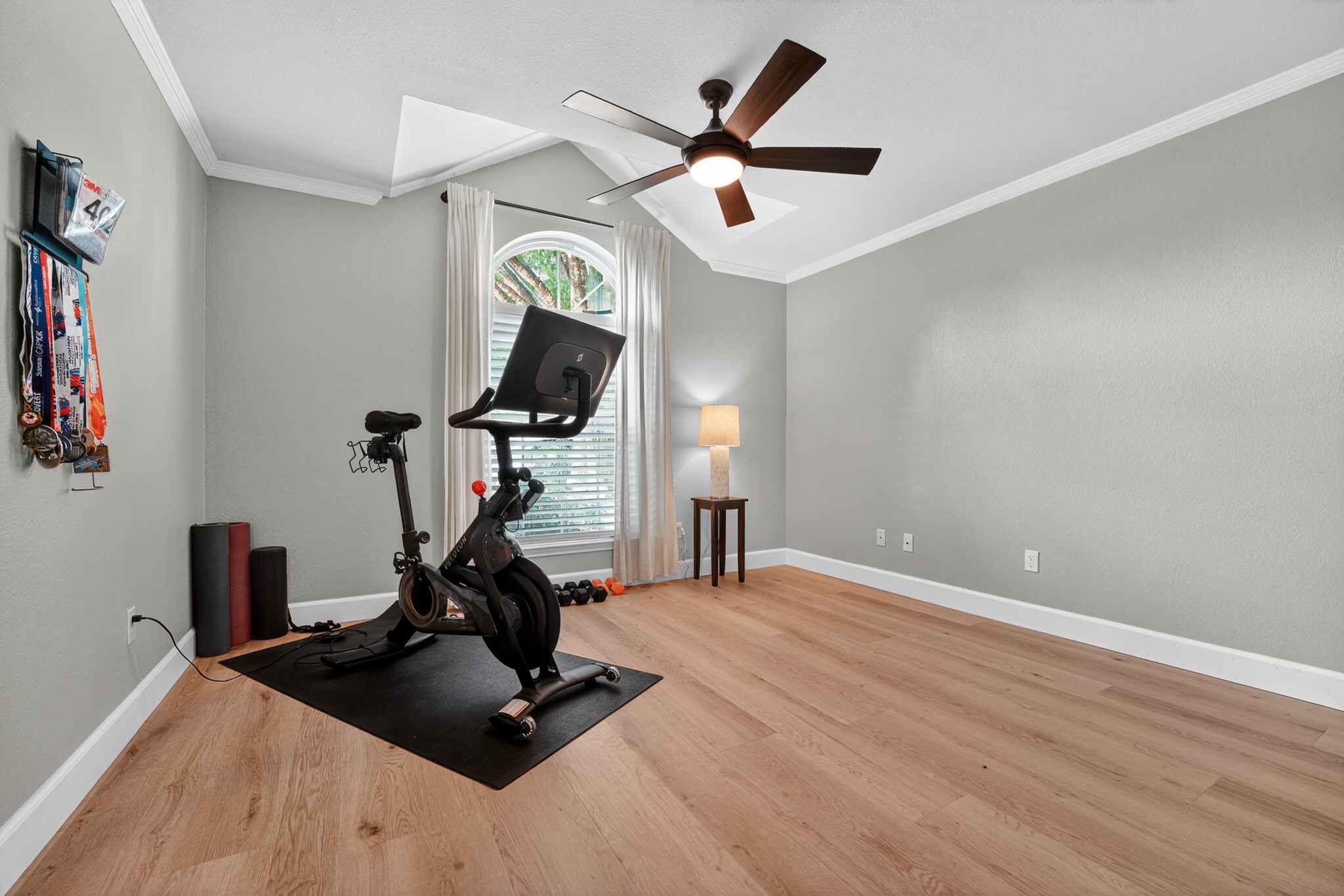 1811 Old Mill Road Cedar Park, TX 78613 - Photo 26 of 39 A versatile bonus room featuring a ceiling fan and elegant crown molding, ideal for a home gym.