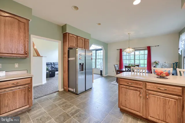 a living room with couches and a potted plant on a dresser