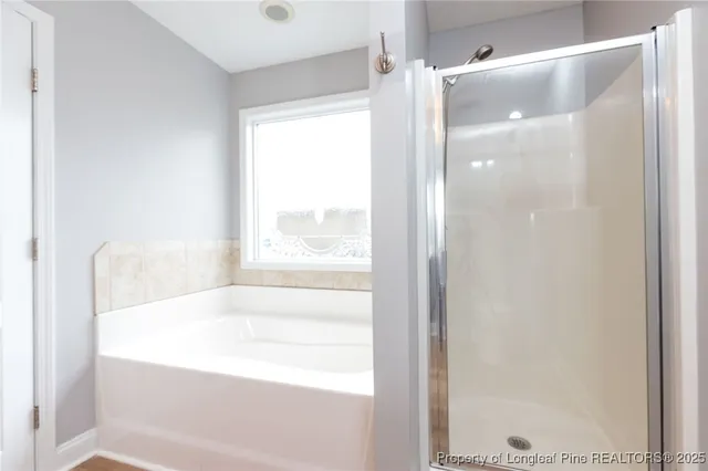 a bathroom with a bathtub and a shower
