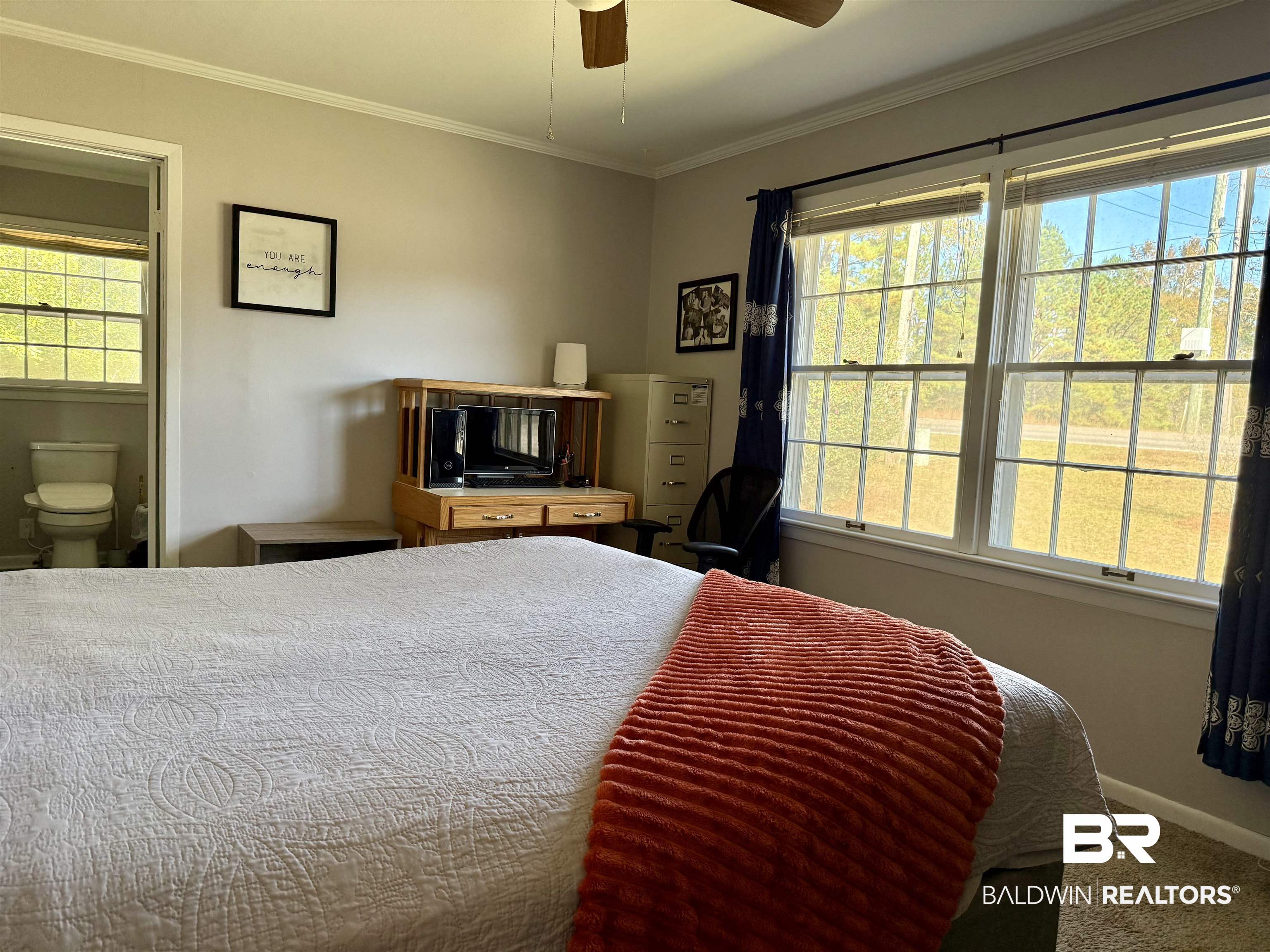 2785 Appleton Road Brewton, AL 36426 - Photo 15 of 28 Bedroom with multiple windows, crown molding, carpet floors, a ceiling fan, and connected bathroom