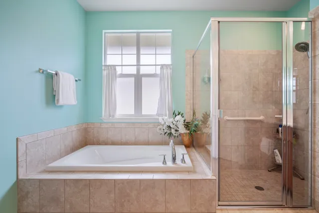 a bathroom with a bathtub and a shower