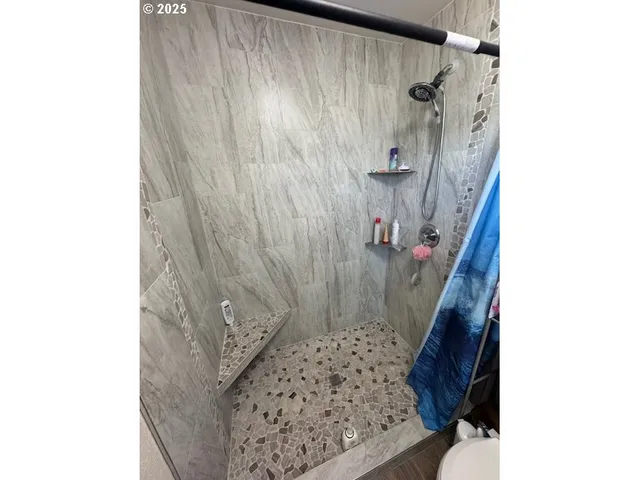 a bathroom with a shower and a toilet