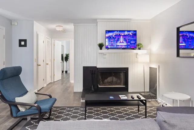 a living room with furniture a rug and a fireplace