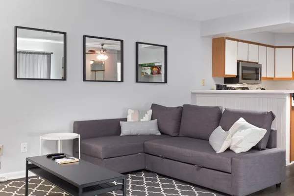 a living room with furniture rug and window