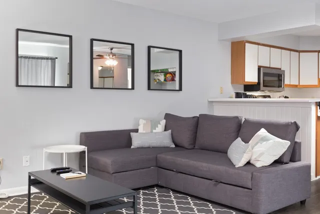 a living room with furniture rug and window