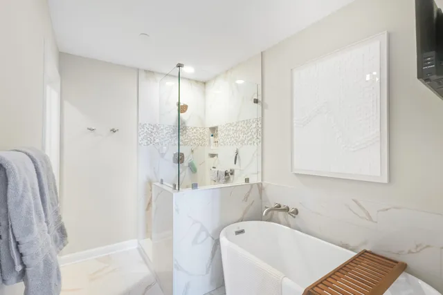 a bathroom with a bathtub and a shower