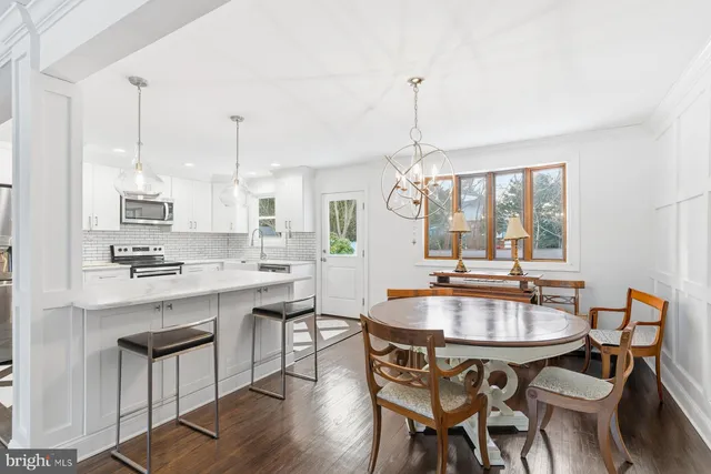 a dining table chairs and a kitchen view