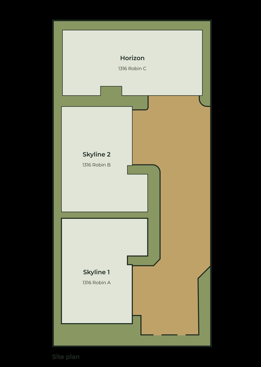 1316 Robin Street, Unit C Houston, TX 77019 - Photo 9 of 45 This site plan shows three units: Horizon, Skyline 2, and Skyline 1, located at 1316 Robin A, B, and C. The layout includes surrounding green space and a central access path. Ideal for understanding the spatial arrangement of these properties.