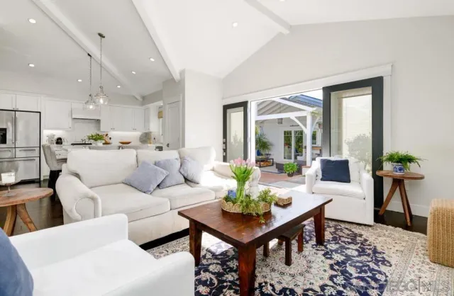 a living room with furniture and a potted plant