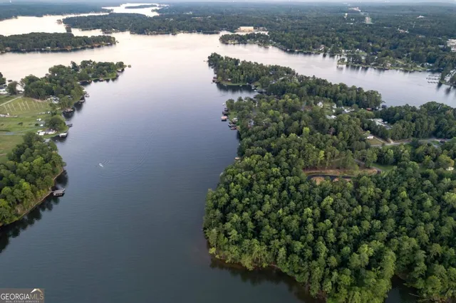 an aerial view of a house with yard and lake view