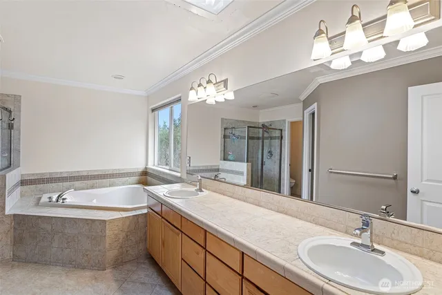 a bathroom with a double vanity sink a mirror and a bathtub