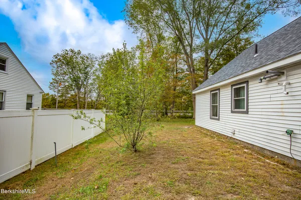 a view of a backyard with a tree