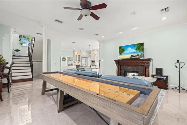 an aerial view of a residential houses with city view