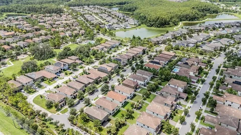 an aerial view of a house with a swimming pool