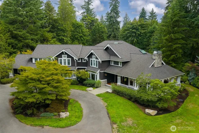 a aerial view of a house with a yard and potted plants