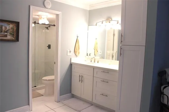 a bathroom with a double vanity sink toilet and shower