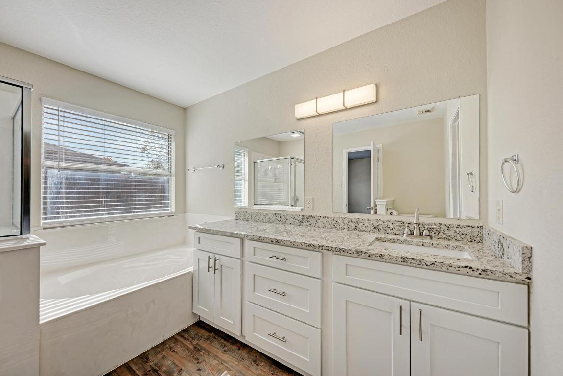 2317 Friarcreek Loop Round Rock, TX 78664 - Photo 21 of 36 a bathroom with a granite countertop sink mirror and a bathtub
