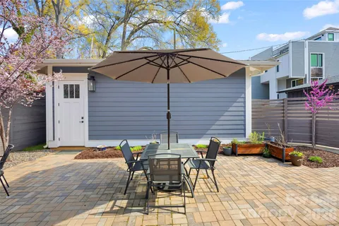 a backyard of a house with table and chairs