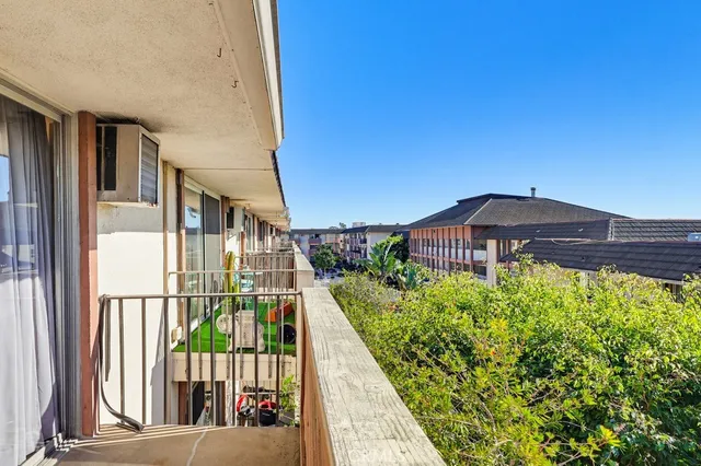 a view of house with palm tree and a wooden fence