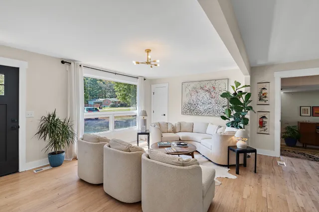a living room with furniture and a potted plant