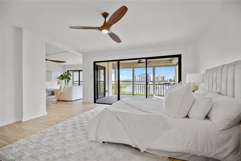 a spacious bedroom with a large bed and a large window