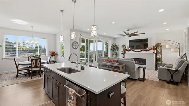 a view of a dining room with furniture window and outside view