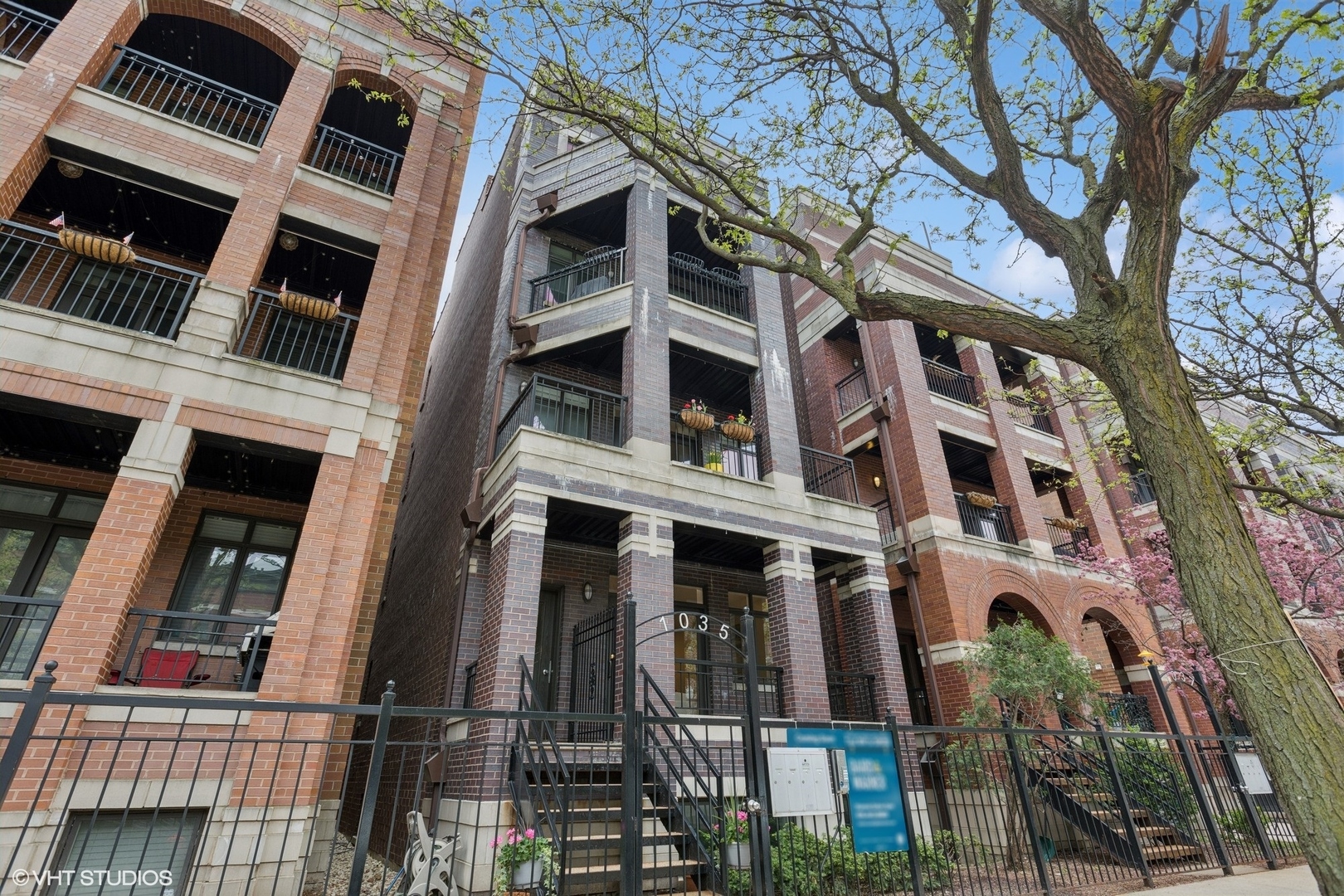 a front view of a multi story building