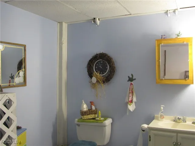 a bathroom with a sink mirror vanity and toilet