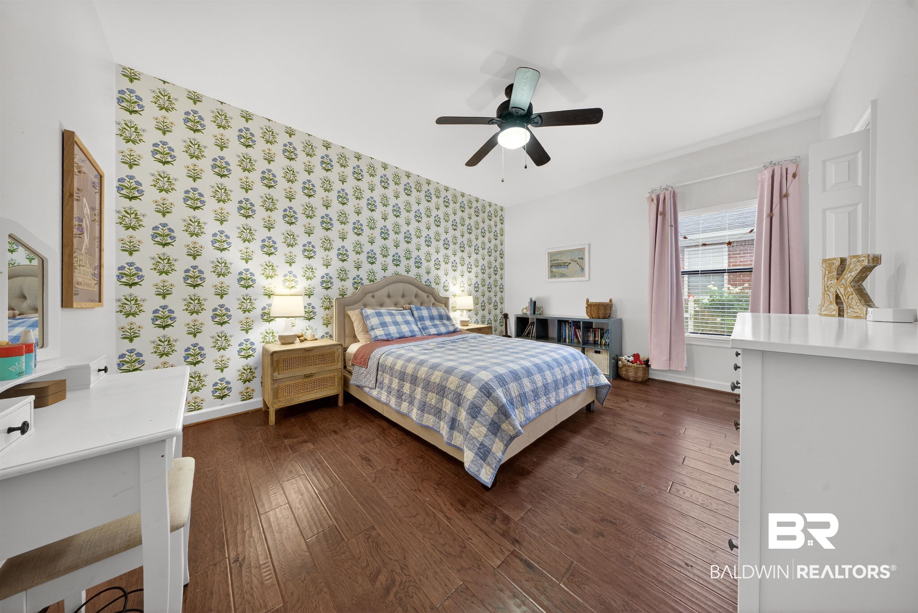 1250 Savannah Drive Mobile, AL 36609 - Photo 22 of 35 Bedroom with dark wood-style floors, a ceiling fan, and wallpapered walls