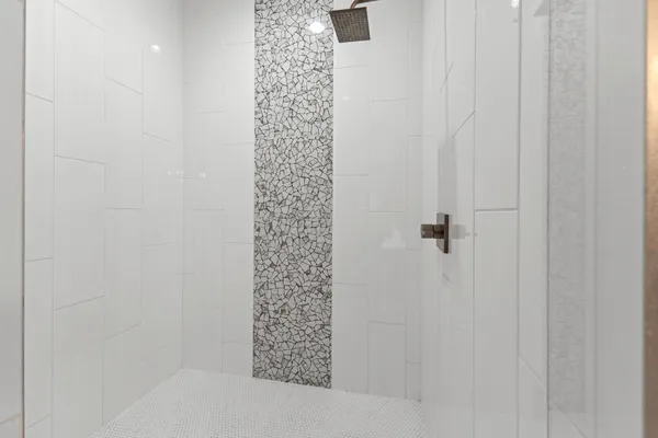 a bathroom with a shower curtain