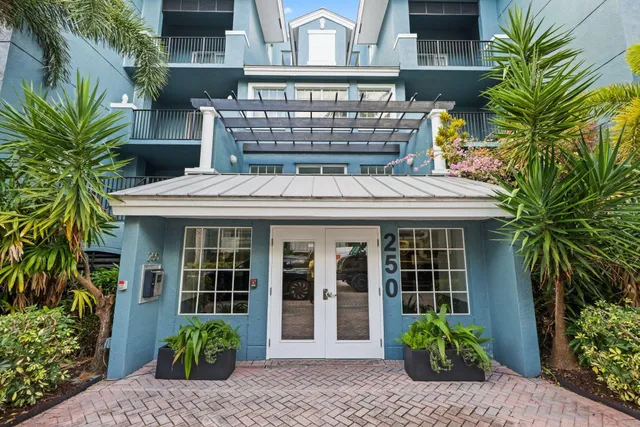 a backyard of a house with potted plants and large tree