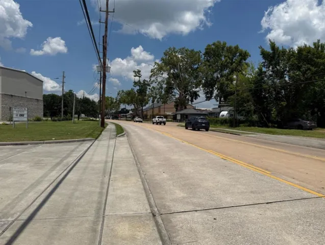 a view of a park with large trees